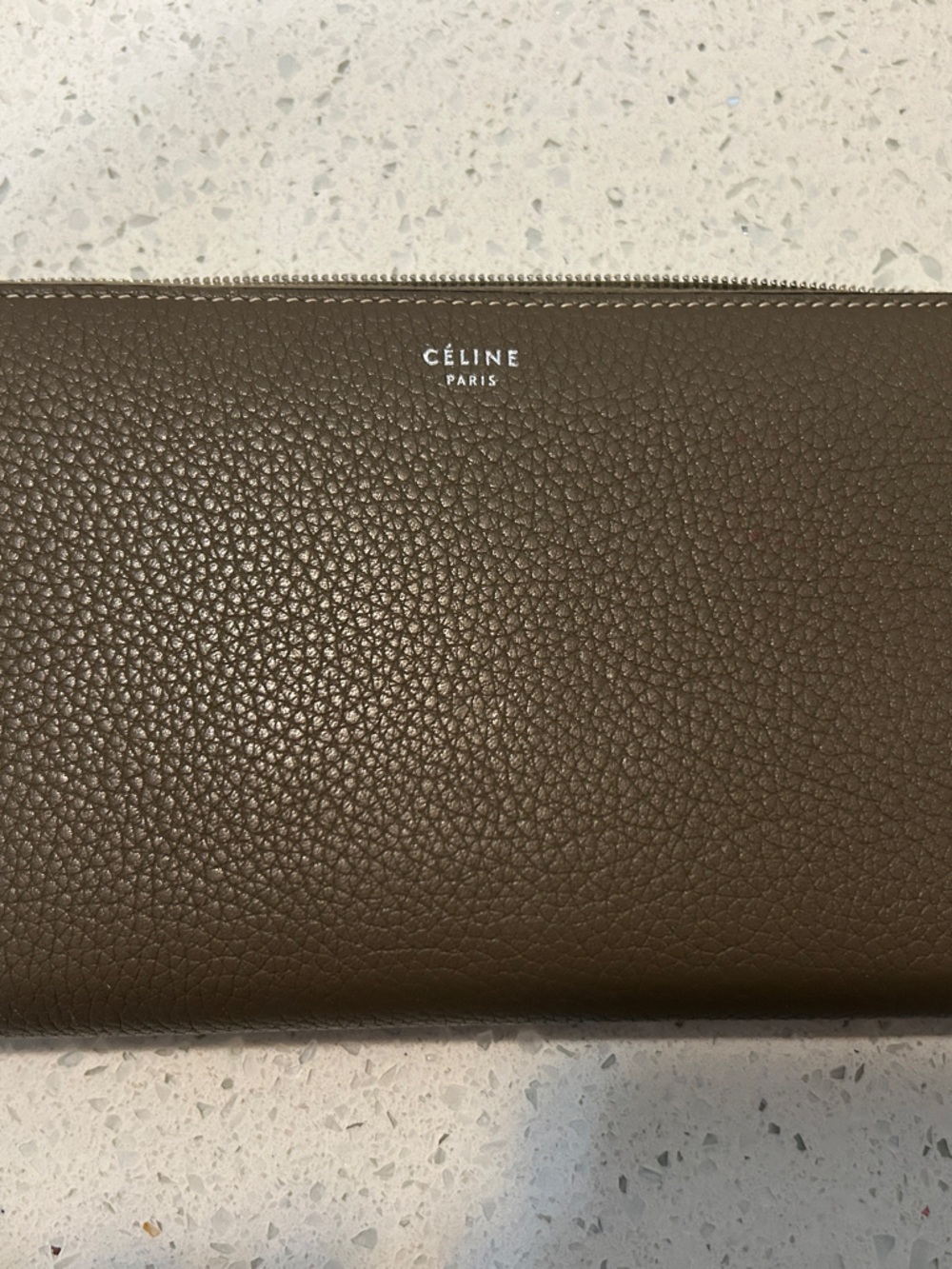 Celine Khaki Pebbled Zip Around Wallet